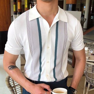 外贸男装2025夏季男士针织衫翻领休闲条纹POLO衫潮Men's T-Shirt