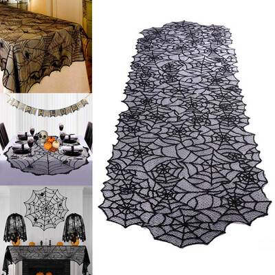 Halloween Table Runner Lace Spider Web Tablecloth Black