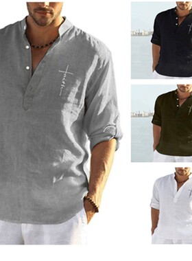 Shirts Letter Print Casual Pullover Sexy Men Linen Blouse