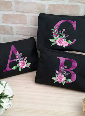 26 Letter  Cosmetic bag 欧美紫色鲜花字母帆布化妆包收纳手拿包