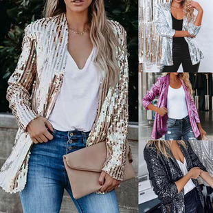 Sequined 2022春新品 外套女上衣长袖 亮片翻领休闲西装 jacket 时尚