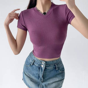显瘦高腰露脐上衣潮 欧美风ins超火短款 圆领短袖 T恤女夏季 纯色修身