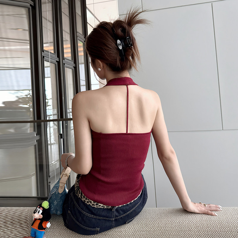 红色挂脖美背吊带背心春夏外穿