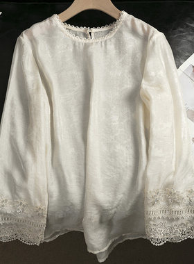 新中式国风刺绣欧根纱长袖衬衫女2025秋季高级感气质别致内搭上衣