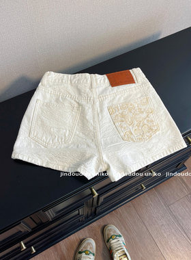 白色牛仔短裤女江浙沪千金夏季穿搭轻奢提花撞色刺绣小香风休闲裤
