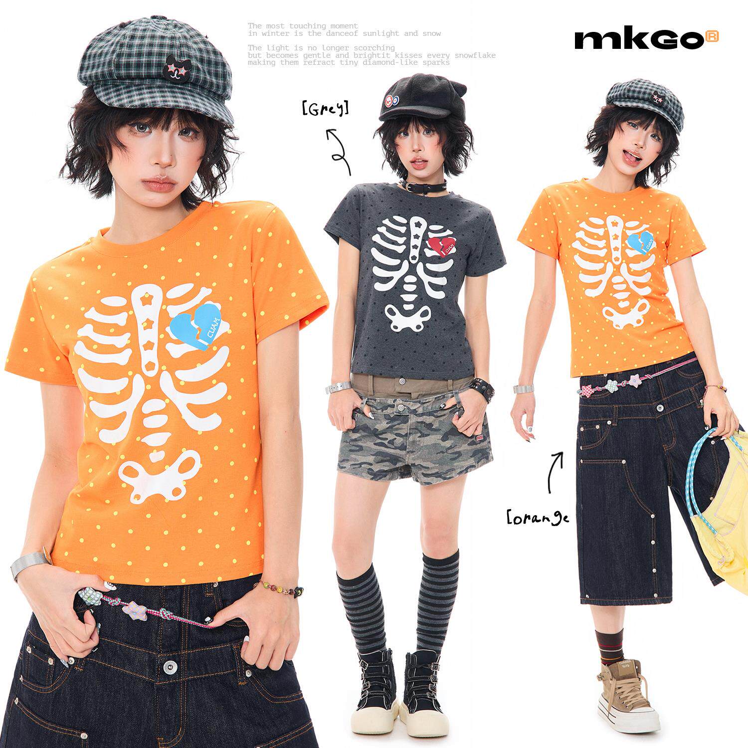 MKGO 原创骷髅波点正肩短袖T恤女夏季新款多巴胺修身短款圆领上衣