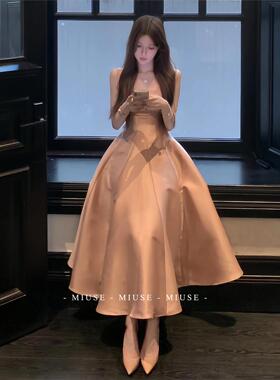 吊带连衣裙女高级感名媛千金生日小礼服大裙摆缎面长裙收腰公主裙