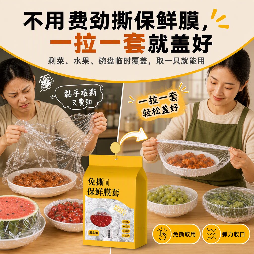 免撕一拉一套厨房保鲜膜套500只