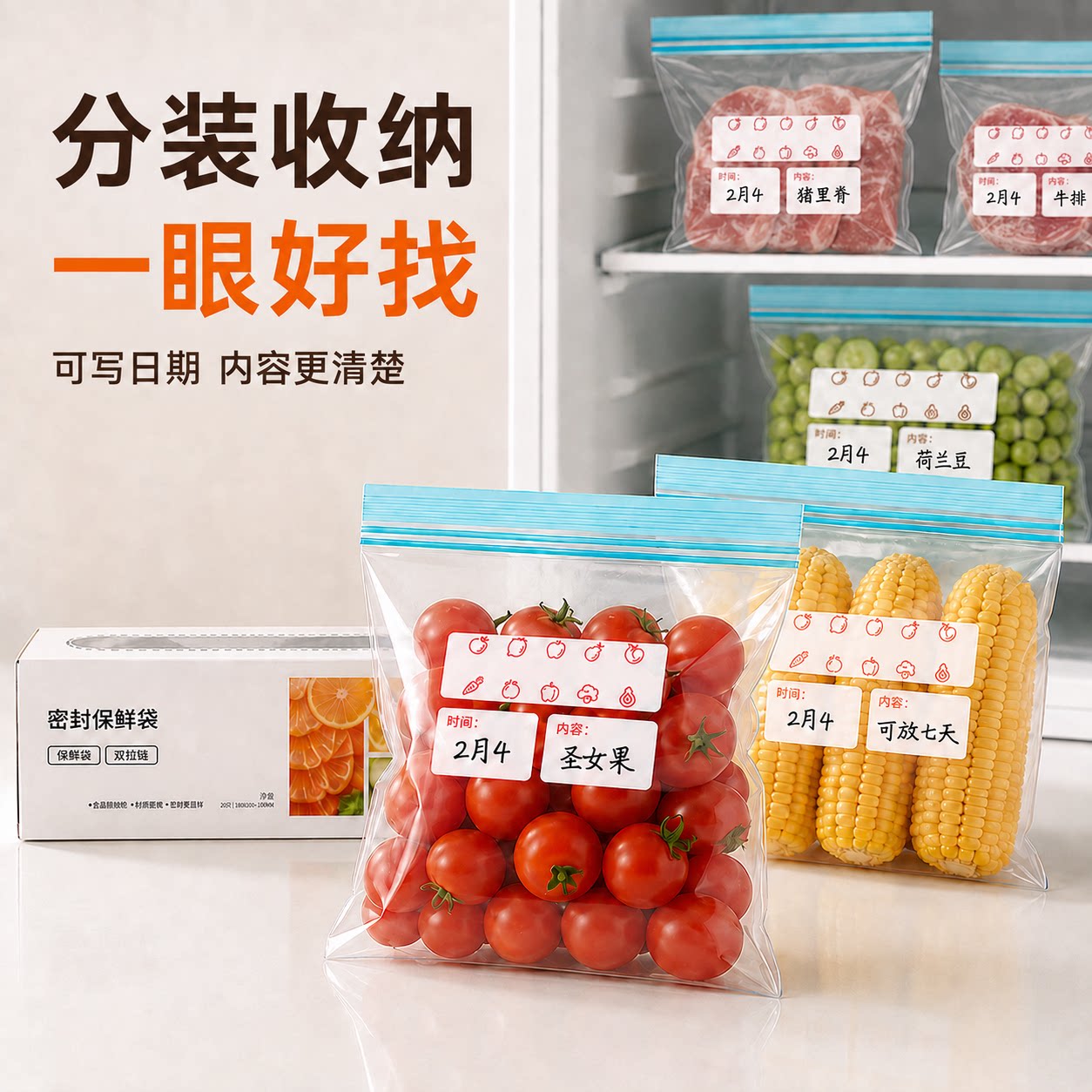 食品级自封拉链保鲜袋可写日期
