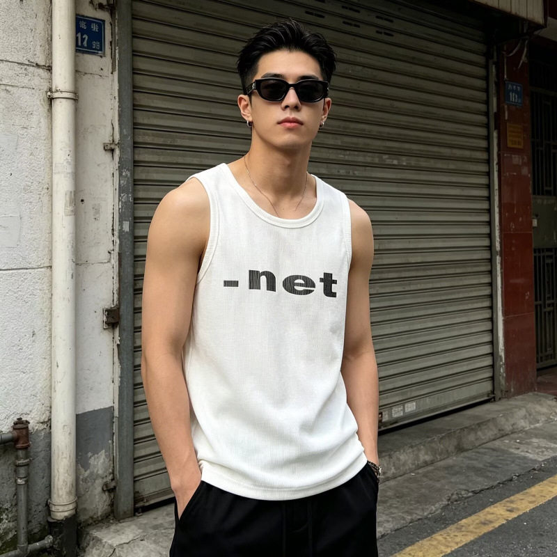 美式复古运动健身背心男款夏季紧身休闲高街坑条螺纹无袖上衣T恤