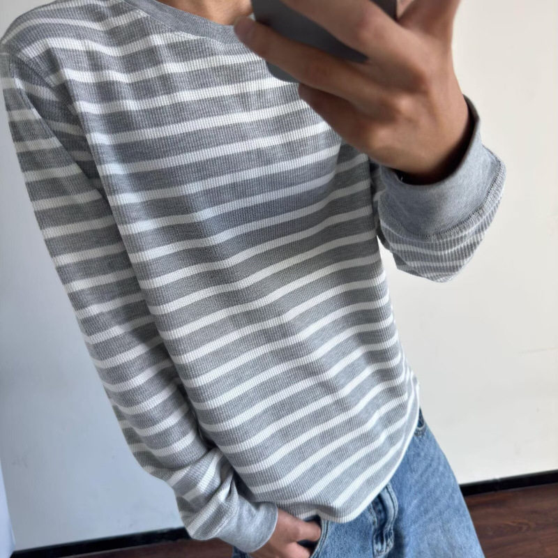 美式通勤灰白条纹拼色华夫格圆领长袖T恤男女秋季休闲慵懒打底衫