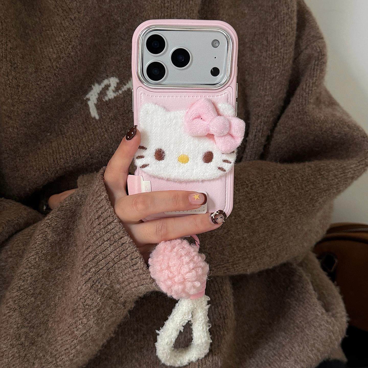 秋冬鼓包皮质贴皮毛绒蝴蝶结kitty适用苹果17promax手机