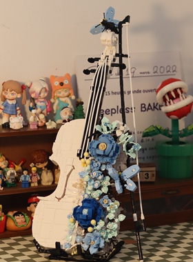 蓝色花海小提琴七夕节男女生情人节生日礼物创意拼装积木吉他摆件