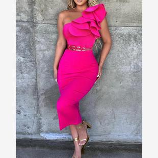 Women Elegant Party Dress欧美风荷叶边设计单肩派对连衣裙女