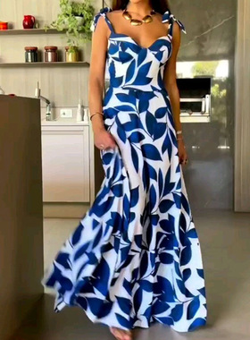 Women Holiday Beach Dresss沙滩风印花高腰系带无袖长款连衣裙