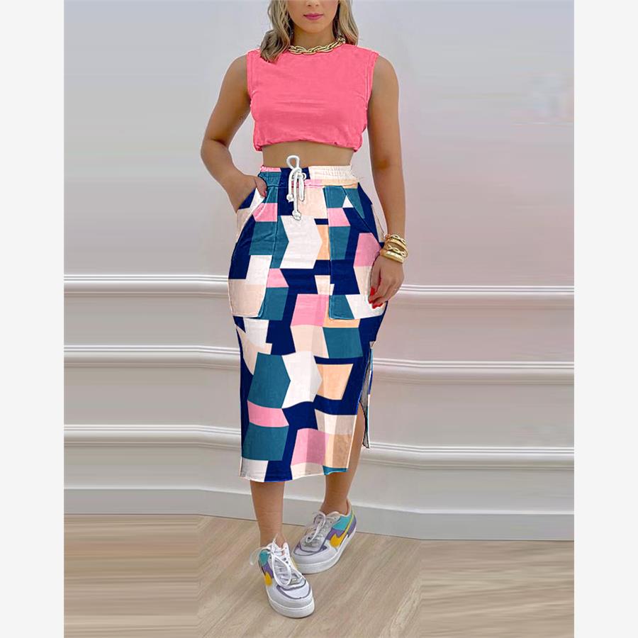 Crop Tank Top & Geo Print Split Hem Drawstring Skirt Set套装