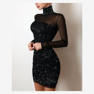 High Contrast Glitter Neck Dress网纱拼接连衣裙 Mesh Bodycon