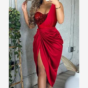 Split Sequin Thigh Ruched Dress Satin Party Contrast