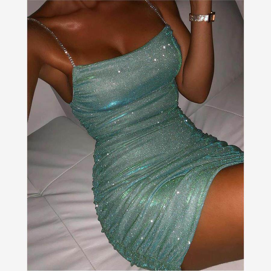 Sequins Rhinestone Strap Bodycon Dress烫金紧身吊带连衣裙女