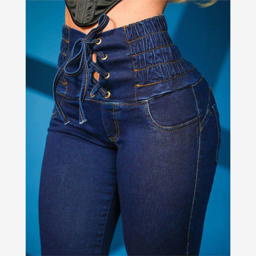 高腰提臀抽绳紧身牛仔裤 Grommet Eyelet Lace-up Skinny Jeans
