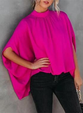Women Batwing Sleeve Plicated Detail Top欧美宽松蝙蝠袖上衣