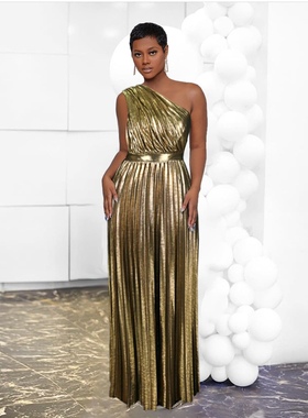 Even Dresses Maxi Long Metallic Pleated Dress Shiny Big Size