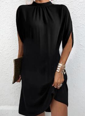 Short Sleeve Mock Neck Casual Dress短袖黑色休闲连衣裙女