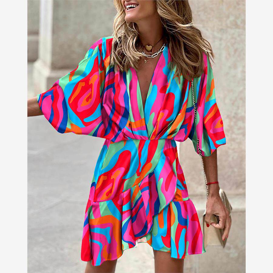 印花V领收腰荷叶边连衣裙 Ruffle Hem Abstract Print Dress