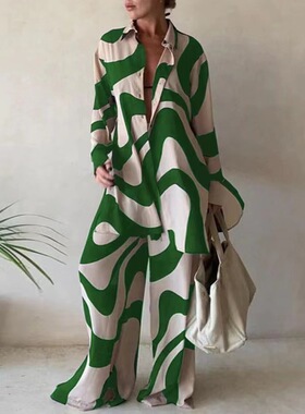 宽松长袖衬衣直筒长裤套装Loose Shirt & Straight Leg Pants Set
