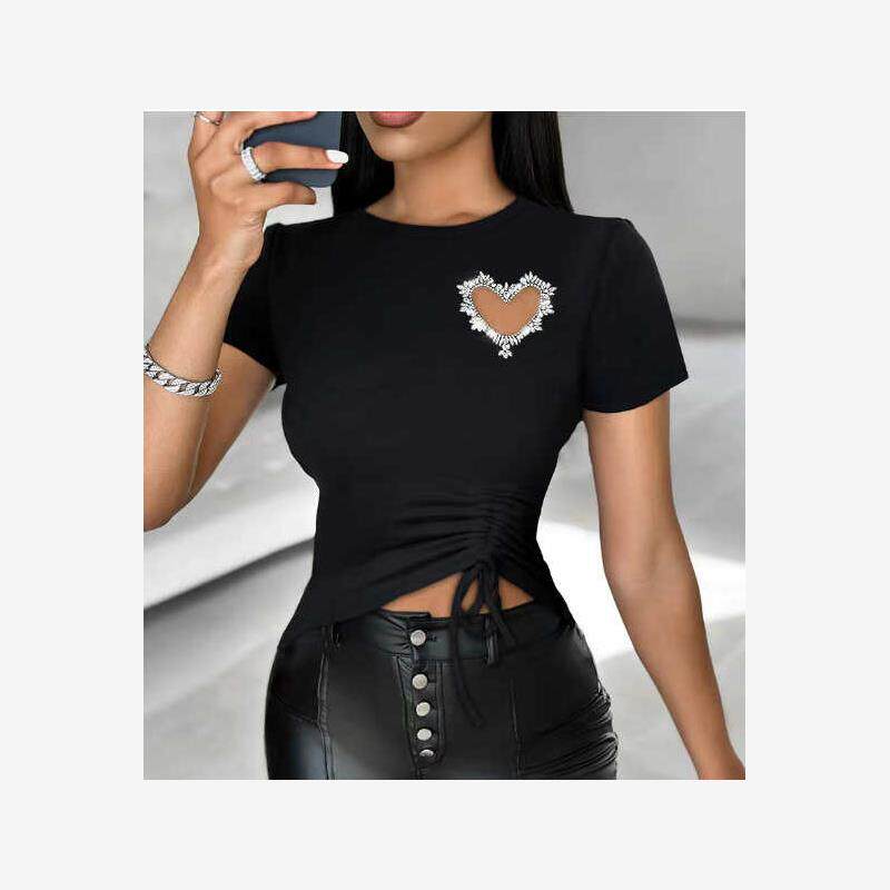 心形烫钻抽绳T恤上衣  Heart Diamond Drawstring T-shirt Top
