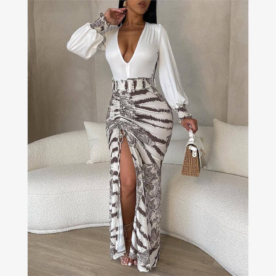 Tie Dye Print Plunge High Slit Drawstring Maxi Dress连衣裙