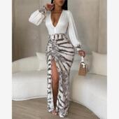 Dye Maxi Print High Tie Drawstring Plunge Slit Dress连衣裙