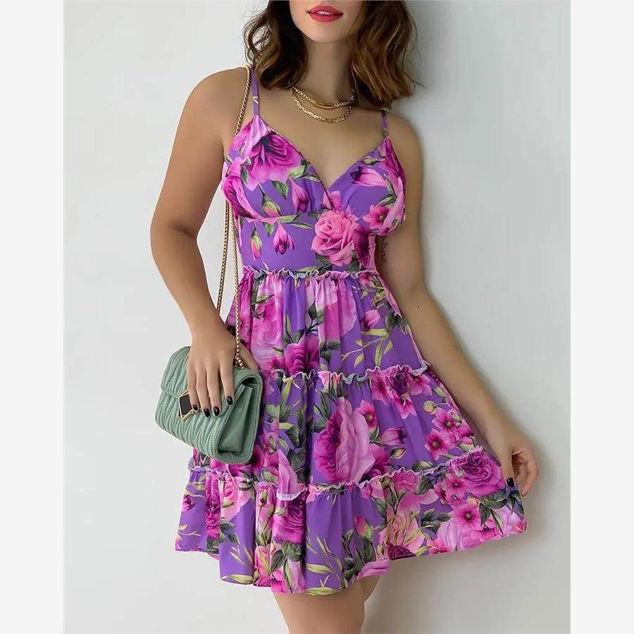 Floral Print Frill Hem Sleeveless Dress印花吊带荷叶边连衣裙