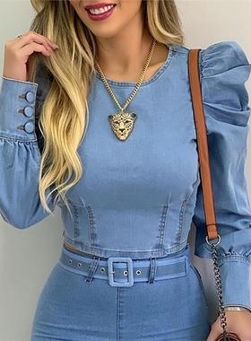 Round Neck Puff Sleeve Corset Top蓝色泡泡袖长袖修身上衣女