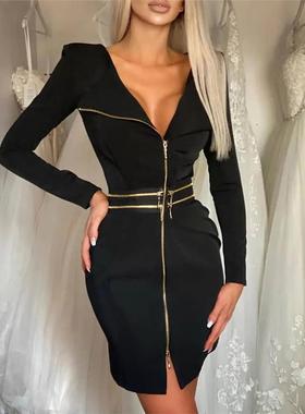 黑色拉链连衣裙 Plain Zipper Design V-Neck Long Sleeve Dress