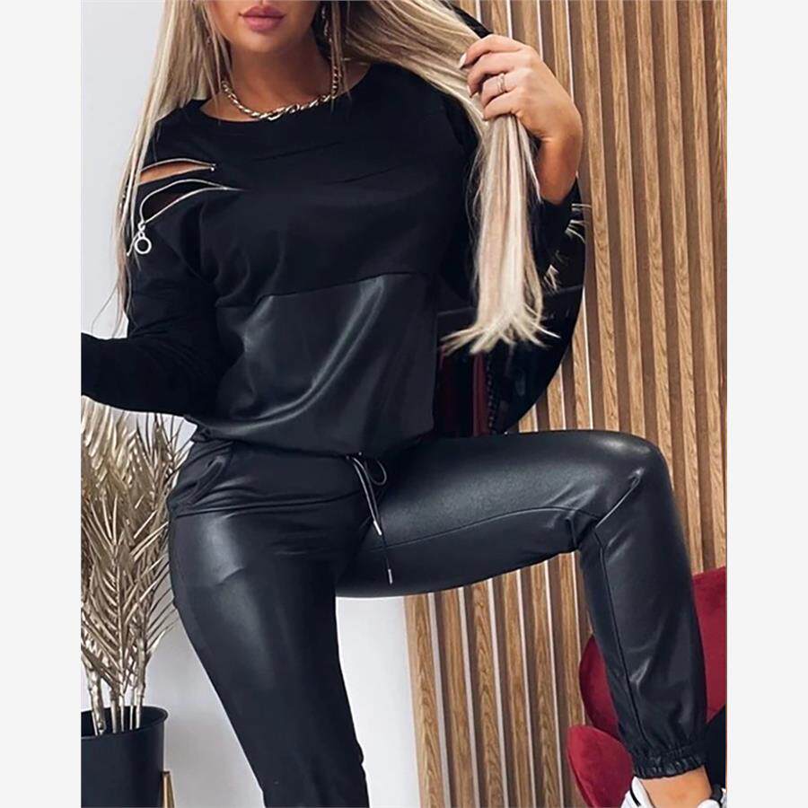 PU Leather Patchwork Two Piece Sets露肩设计长袖休闲拼接套装