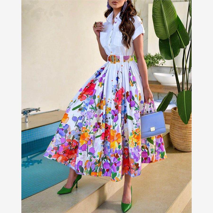 Floral Print Ruched Buttoned Shirt Dress下摆花卉收腰衬衫长裙