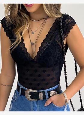 Dot Mesh Lace Deep-V Neck Blouse Women黑色性感深V蕾丝上衣女