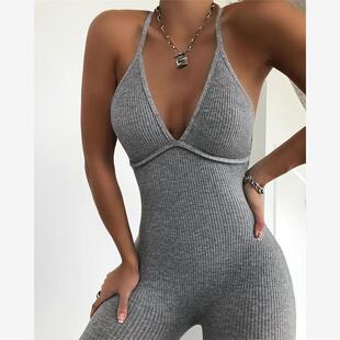 Sleeveless 露背坑条连体裤 Jumpsuit Back Open 女Solid Ribbed
