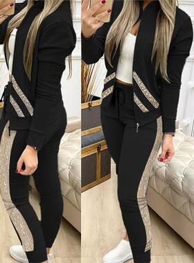 珠片拼接休闲套装 Zipper Design Coat & Drawstring Pants Set