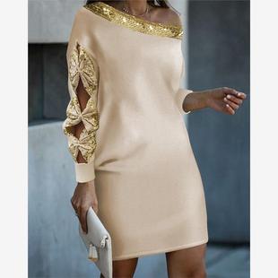 Contrast Bowknot Design Dress亮片拼接蝴蝶结镂空休闲裙 Sequin