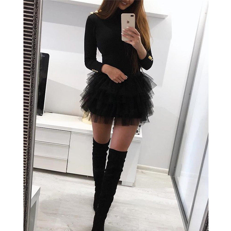 欧根纱拼接纽扣连衣裙女 Women Organza splice Button dress