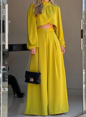 Women Casual Two Pieces Sets不规则上衣高腰阔腿裤两件套套装女