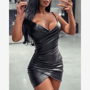 Bodycon Spaghetti Ruched Dress Strap 抓褶包裹紧身吊带皮裙