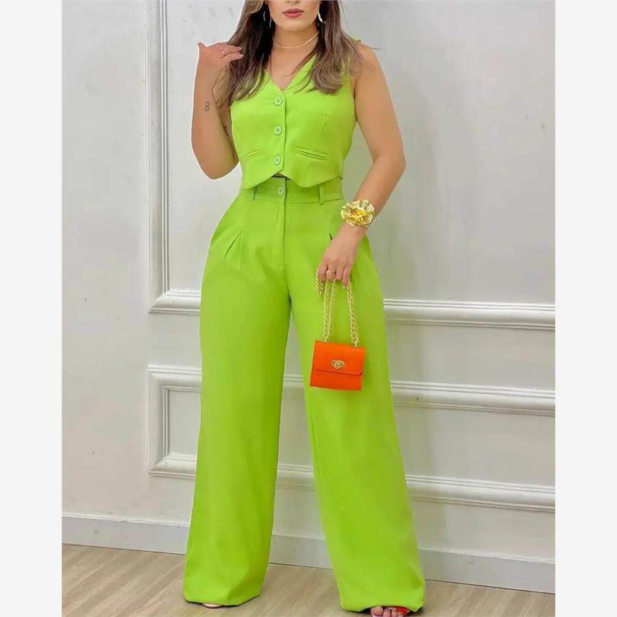 Sleeveless Buttoned Tops & High Waist Pants Set通勤休闲套装