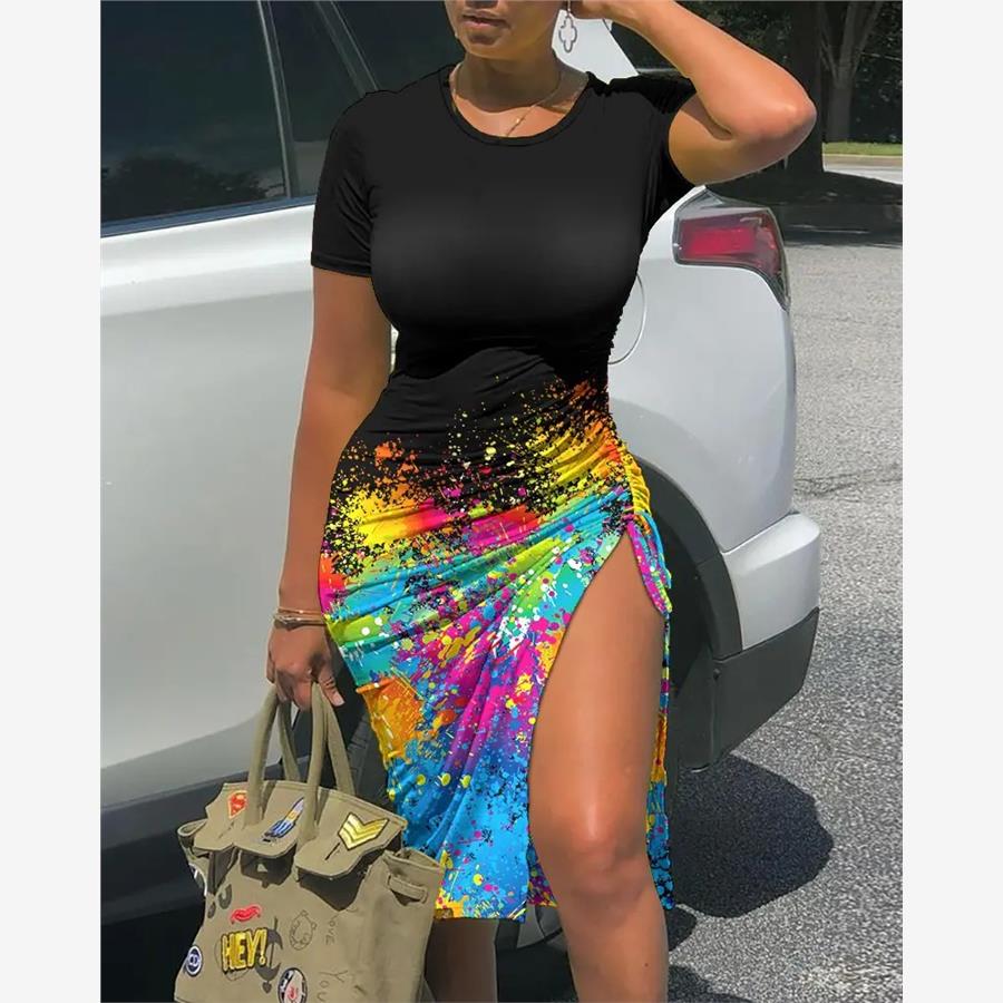 泼墨T恤裙 Ink Splash Print Drawstring Ruched High Slit Dress