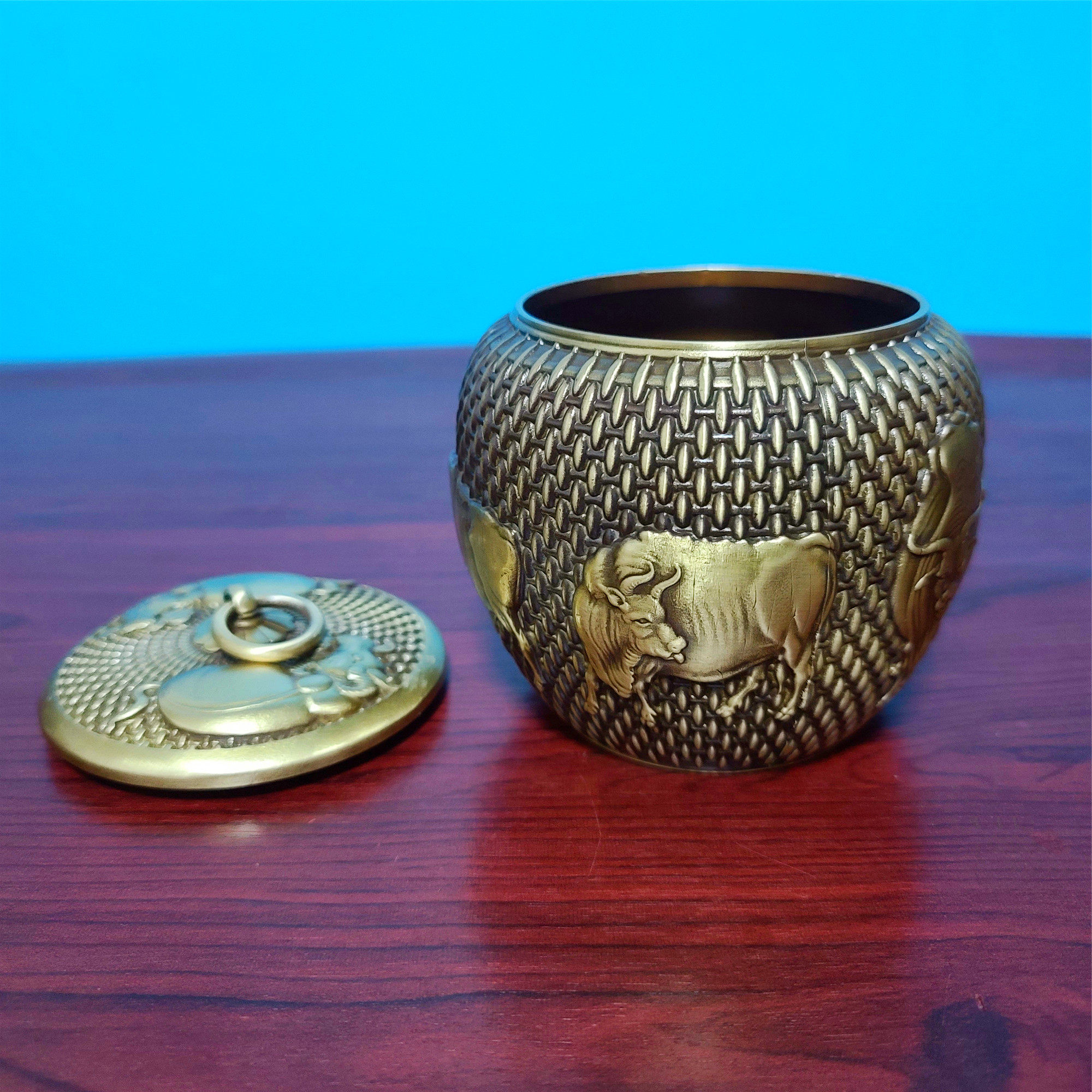 纯铜五牛罐子储物罐茶叶罐铜罐铜器摆件工艺品水罐墨水缸聚宝盆