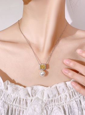 新款铜镀银饰品仿帕帕拉恰镶钻吊坠女款仿彩宝项链12mm仿珍珠挂坠