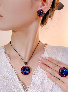 新款铜镀枪黑色项链仿蓝尖晶镶钻吊坠女款仿彩宝满钻耳钉开口戒指