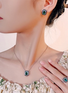 新款铜镀银饰品仿祖母绿方形吊坠女款项链仿彩宝耳钉镶钻开口戒指